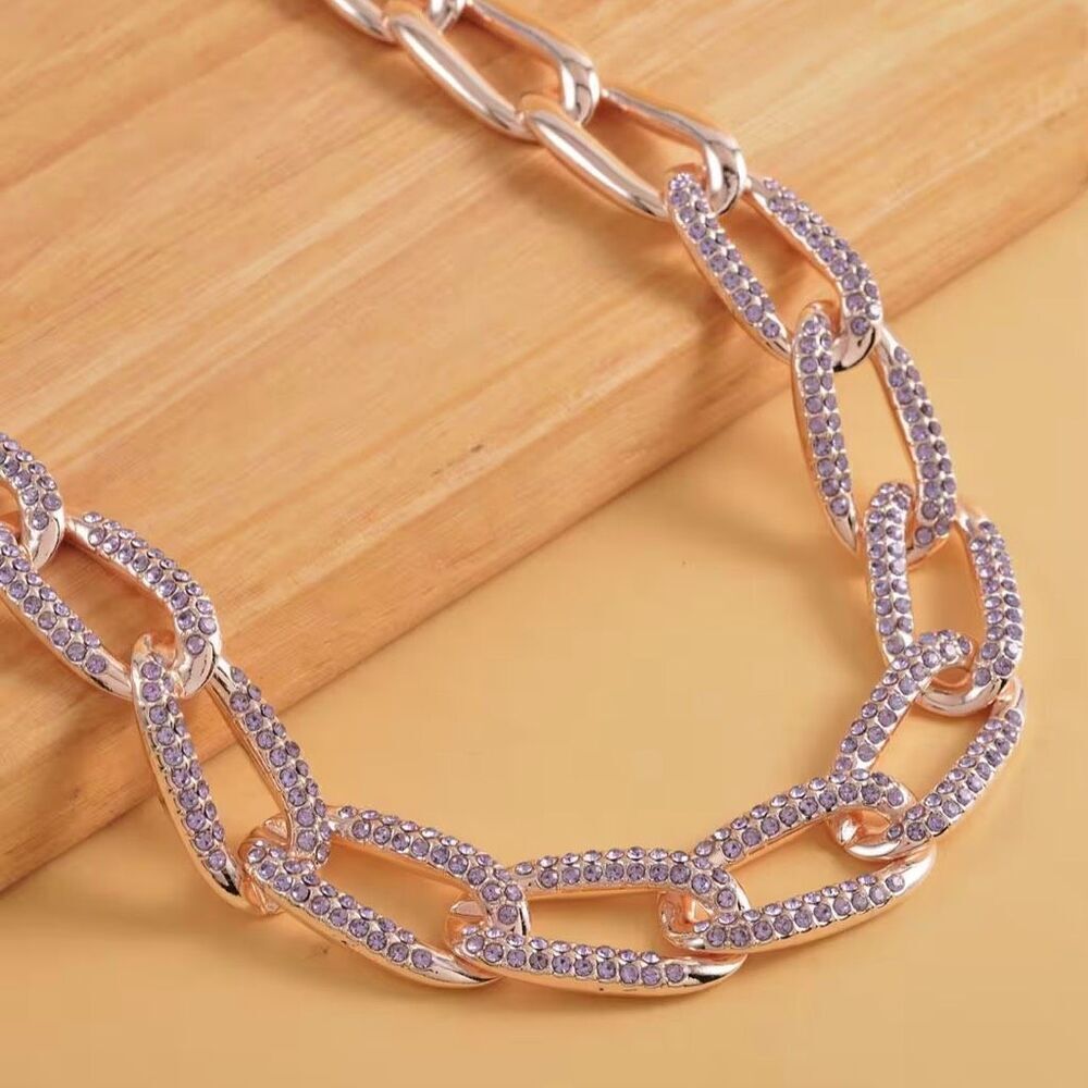Purple Austrian Crystal Paperclip Rose Gold Necklace 18.5-22.50”
